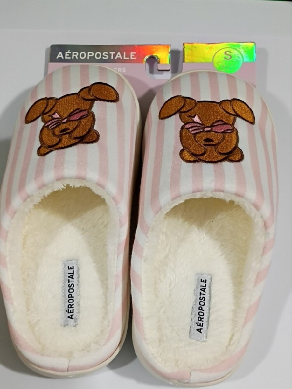 Aeropostale Pink & White Striped Teddy Bear Slippers - SIZE Small 5-6 NWT - Picture 2 of 6